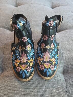 Black Embroidered Floral Cutout Ankle Boots - Women's